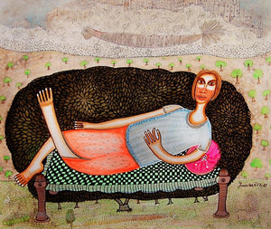 Figurative acrylic ink painting titled 'Dialogue With Nature 2', 14x16 inches, by artist Poonam Kishor on Paper
