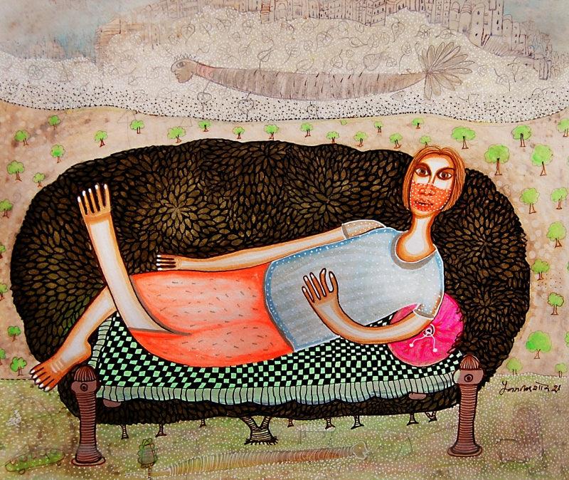 Figurative acrylic ink painting titled 'Dialogue With Nature 2', 14x16 inches, by artist Poonam Kishor on Paper