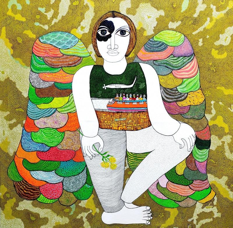 Figurative acrylic ink painting titled 'Dialogue With Nature', 48x48 inches, by artist Poonam Kishor on Canvas