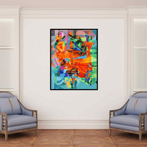 In-situ view of Muralidharan Alagar's 'Dialogue With Her 6 (Pixelated Connections)' painting in a room