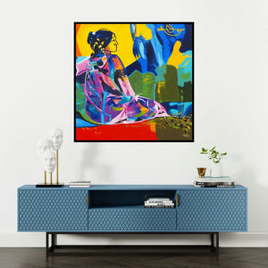 'Dialogue With Her 8 (River's Reverie)' painting by Muralidharan Alagar shown on a wall in a furnished room.