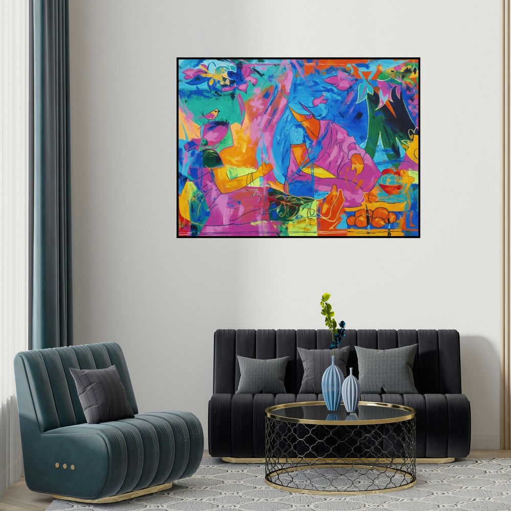 Muralidharan Alagar's 'Dialogue With Her 9 (A Moment of Shared Joy)' painting visualized above a sofa in a contemporary room.