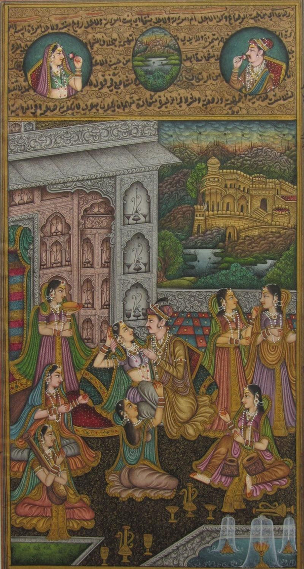 Dignified Mughal Love Scene Traditional Art by Unknown | ArtZolo.com