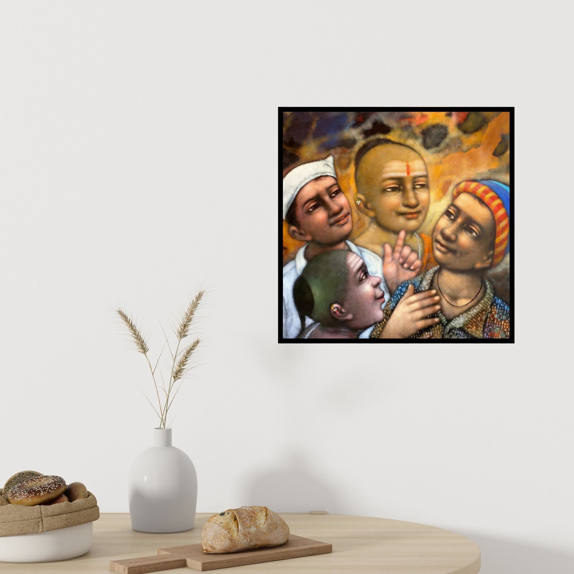 In-situ view of Apet Pramod's 'Discuss (Shy Smile)' painting in a room