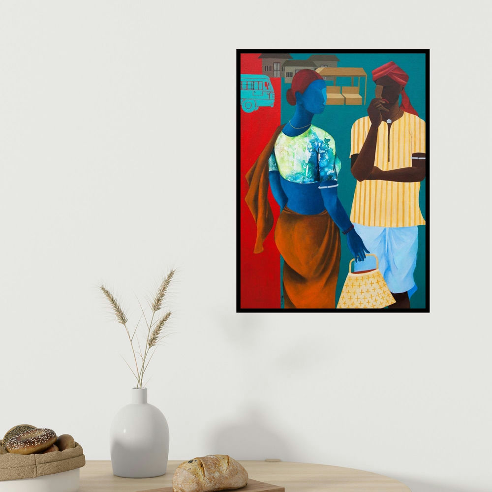 Abhiram Bairu's 'In Discussion (Sweet Family)' painting visualized above a sofa in a contemporary room.