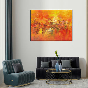 M Singh's 'Distant View' painting visualized above a sofa in a contemporary room.