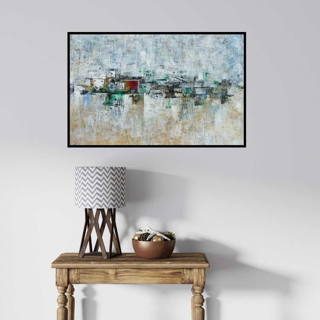 In-situ view of M Singh's 'Distant View' painting in a room