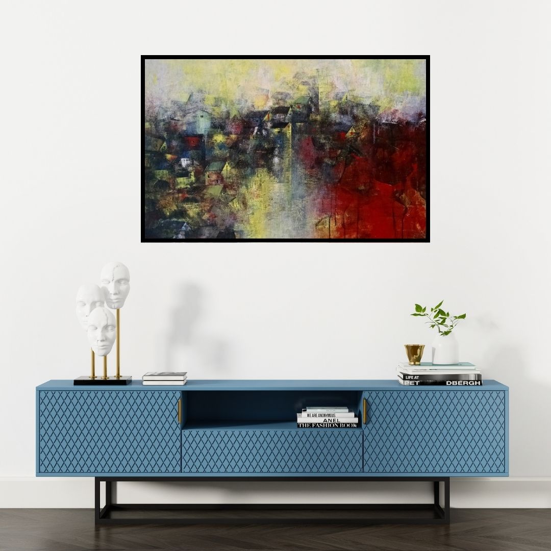 Preview of 'Distant View Of A Village (Urban Landscape)' Painting by M Singh shown on a wall in a furnished room.