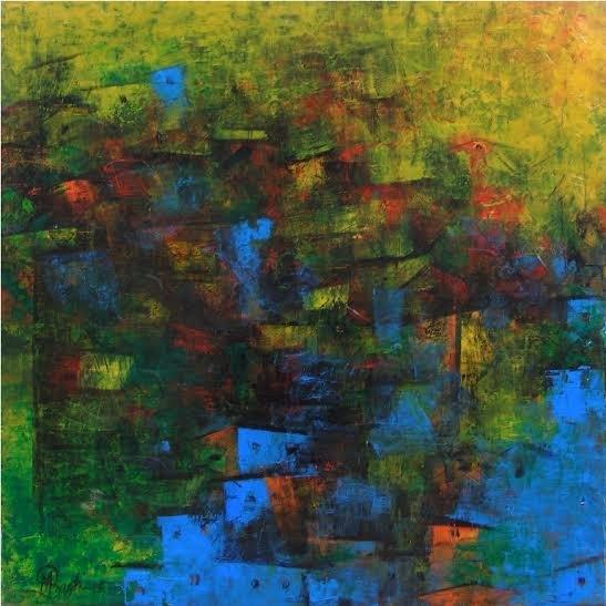 Abstract acrylic painting titled 'Distant Village View III', 24x24 inches, by artist M Singh on Canvas