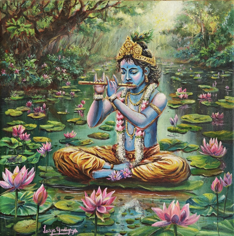 Divine Bliss Mystical Notes Of Krishna' religious acrylic painting by artist Lasya Upadhyaya, 24x24 inch, on canvas