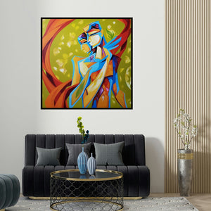 Laxmi Mysore's 'Divine Bond (Intimate Embrace)' painting visualized above a sofa in a contemporary room.