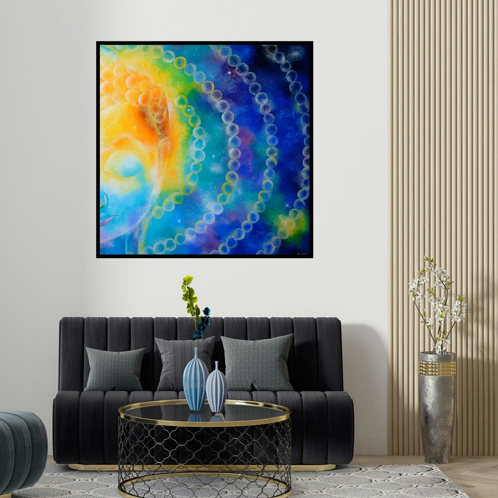 Drishti Vohra's 'Divine Compassion I' painting visualized above a sofa in a contemporary room.