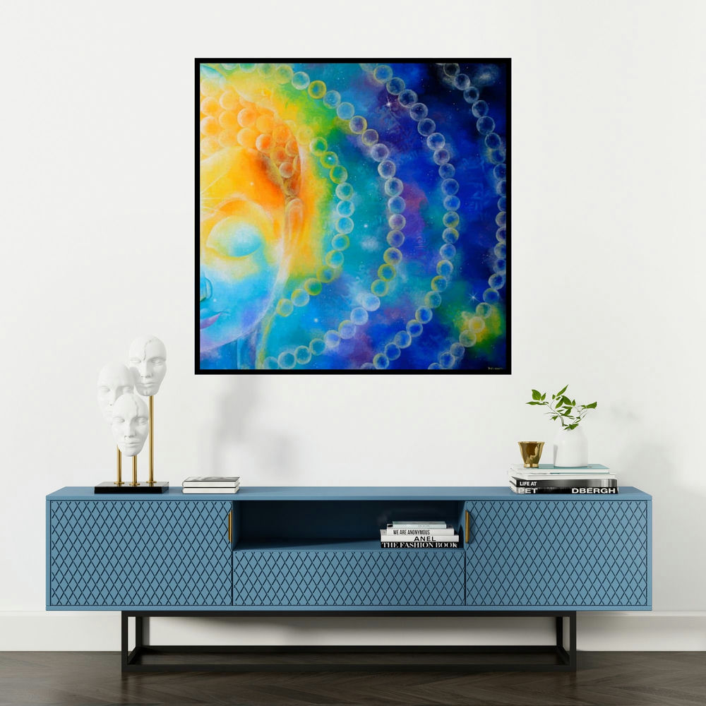 'Divine Compassion I' painting by Drishti Vohra shown on a wall in a furnished room.