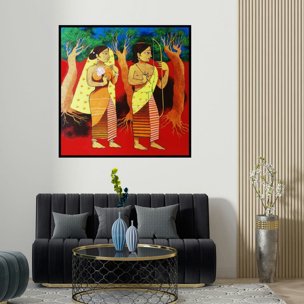 Prakash Pore's 'Divine Couple (The Eternal Exile)' painting visualized above a sofa in a contemporary room.