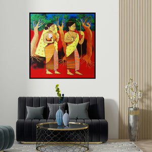 Prakash Pore's 'Divine Couple (The Eternal Exile)' painting visualized above a sofa in a contemporary room.