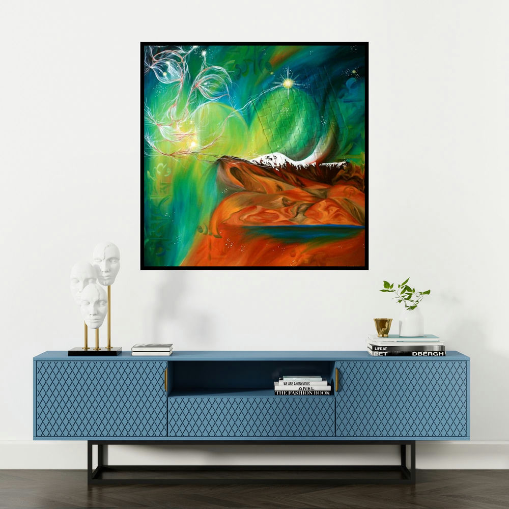 'Divine Creation Ii' painting by Drishti Vohra shown on a wall in a furnished room.