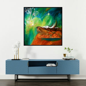 'Divine Creation Ii' painting by Drishti Vohra shown on a wall in a furnished room.