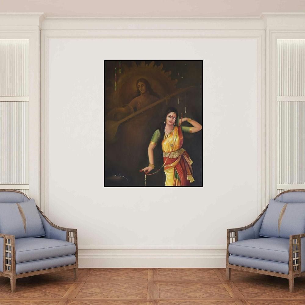 'The Divine Dance' painting by Durshit Bhaskar shown on a wall in a furnished room.