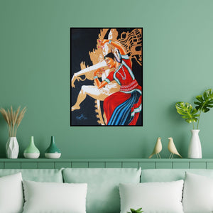 Preview of 'The Divine Dance Of Odissi (Echoes of Eternity)' Painting by Ragunath shown on a wall in a furnished room.