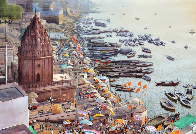 'The Divine Expanse' religious watercolor painting by artist Ramesh Jhawar, 29x42 inch, on paper