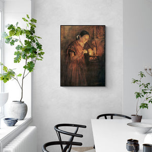 Preview of 'Divine Flame (Glow Of Hope)' Painting by Sawlaram Haldankar shown on a wall in a furnished room.