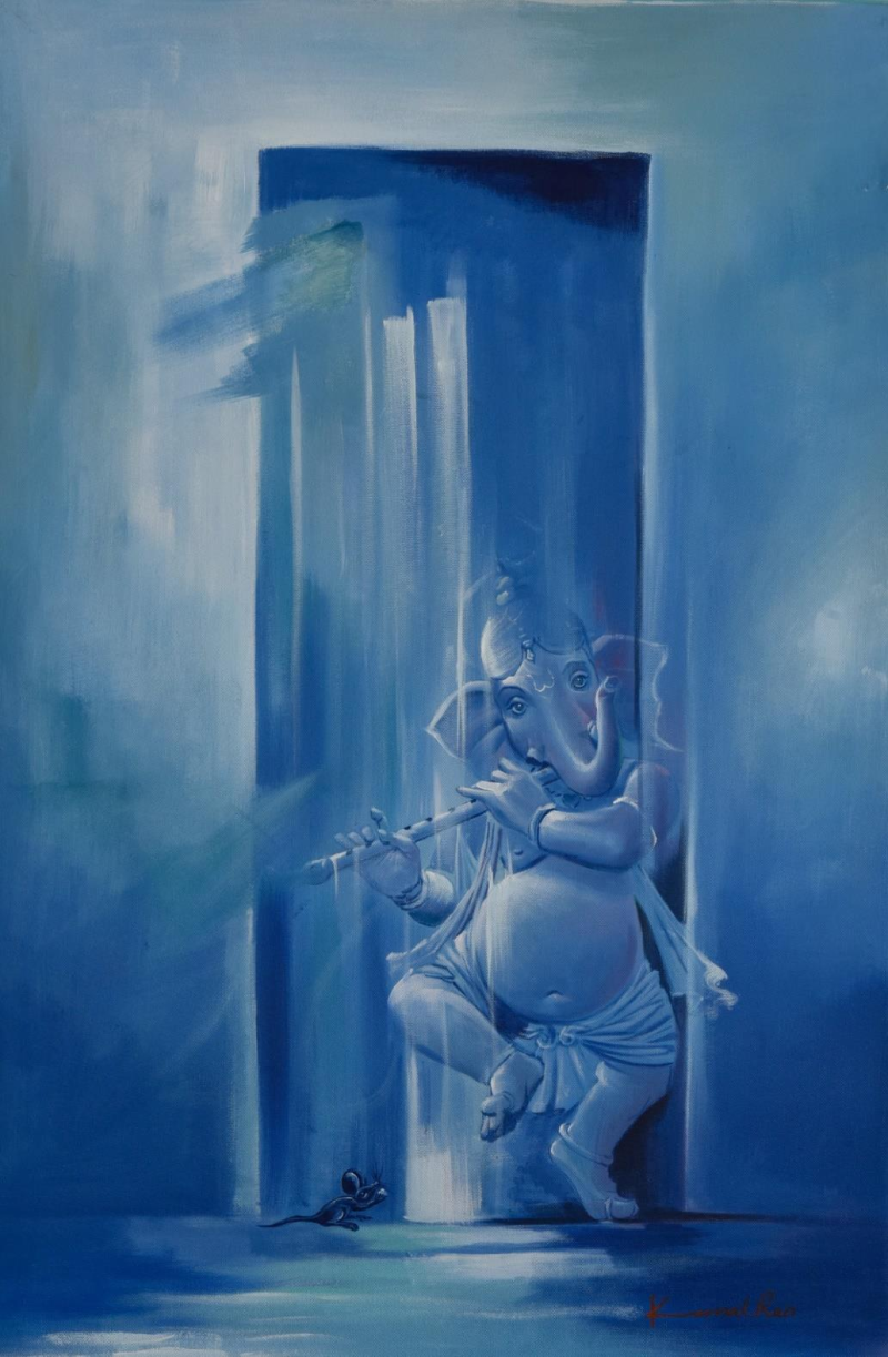 The Divine Flutist' religious oil painting by artist Kamal Rao, 36x24 inch, on canvas