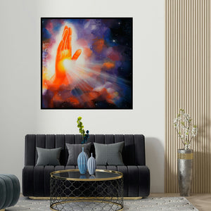 Drishti Vohra's 'Divine Grace' painting visualized above a sofa in a contemporary room.