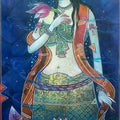 Figurative mixed media painting titled 'Divine Lady 1', 47x20 inches, by artist Atin Mitra on Canvas