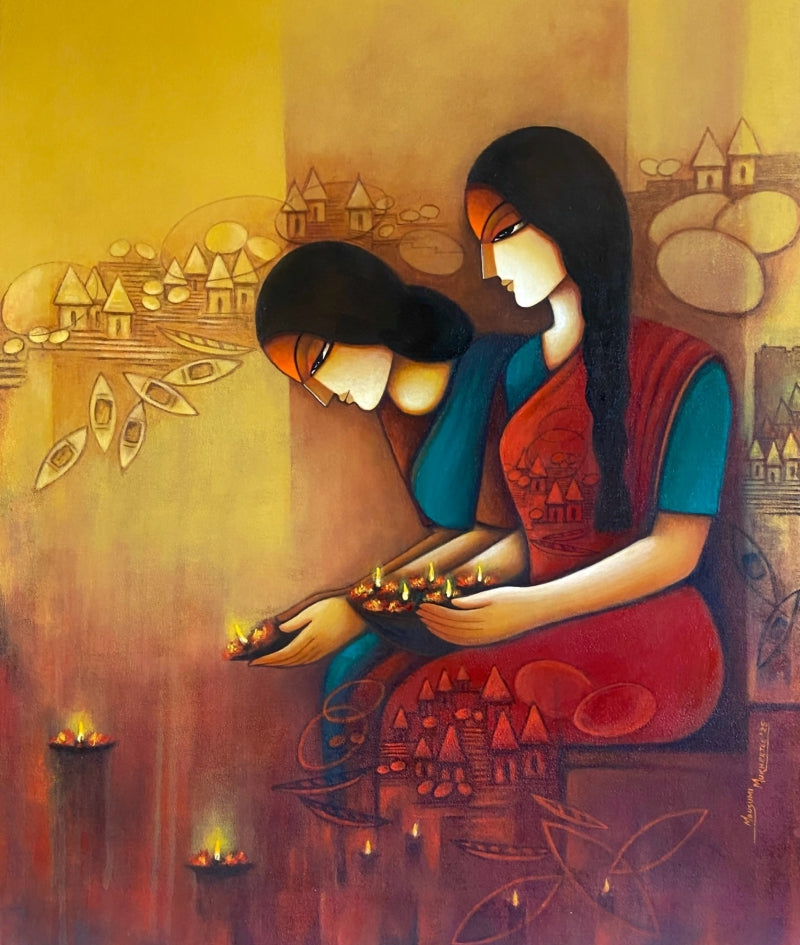 Divine Light' figurative acrylic painting by artist Mousumi Mukherjee, 32x24 inch, on canvas