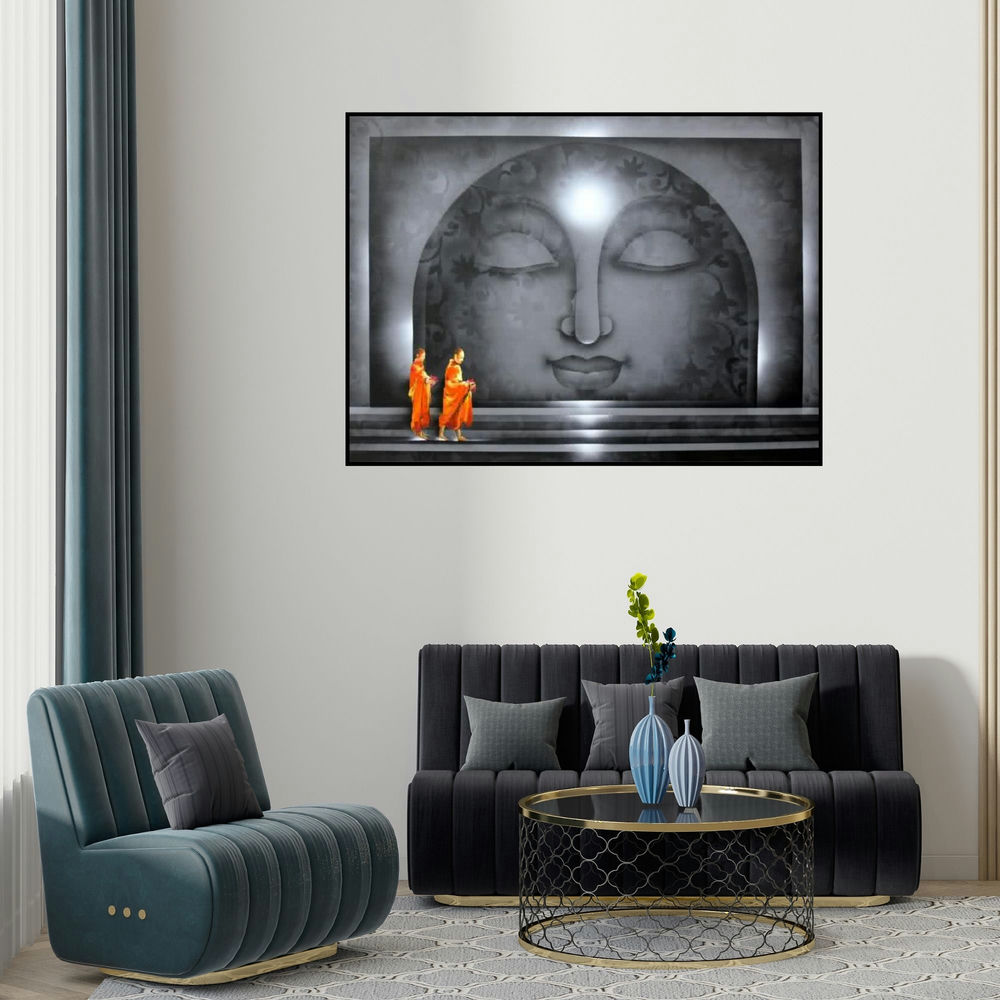 Pradeesh K's 'Divine Light 1' painting visualized above a sofa in a contemporary room.