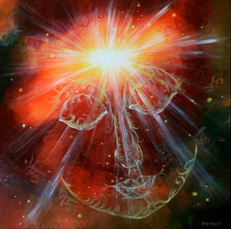 Fantasy acrylic painting titled 'Divine Light I', 33x33 inches, by artist Drishti Vohra on Canvas