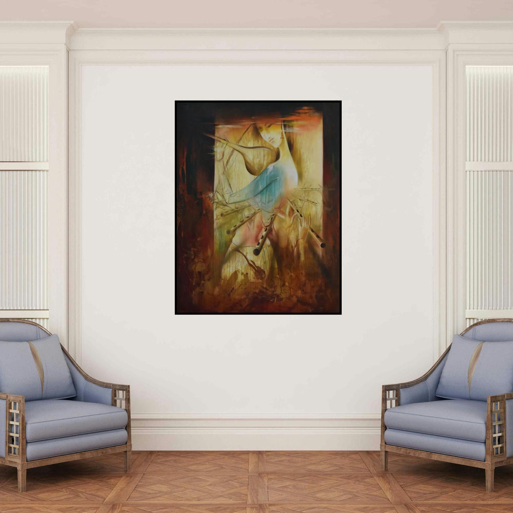 'The Divine Love (Mystical Flute Player)' painting by Durshit Bhaskar shown on a wall in a furnished room.