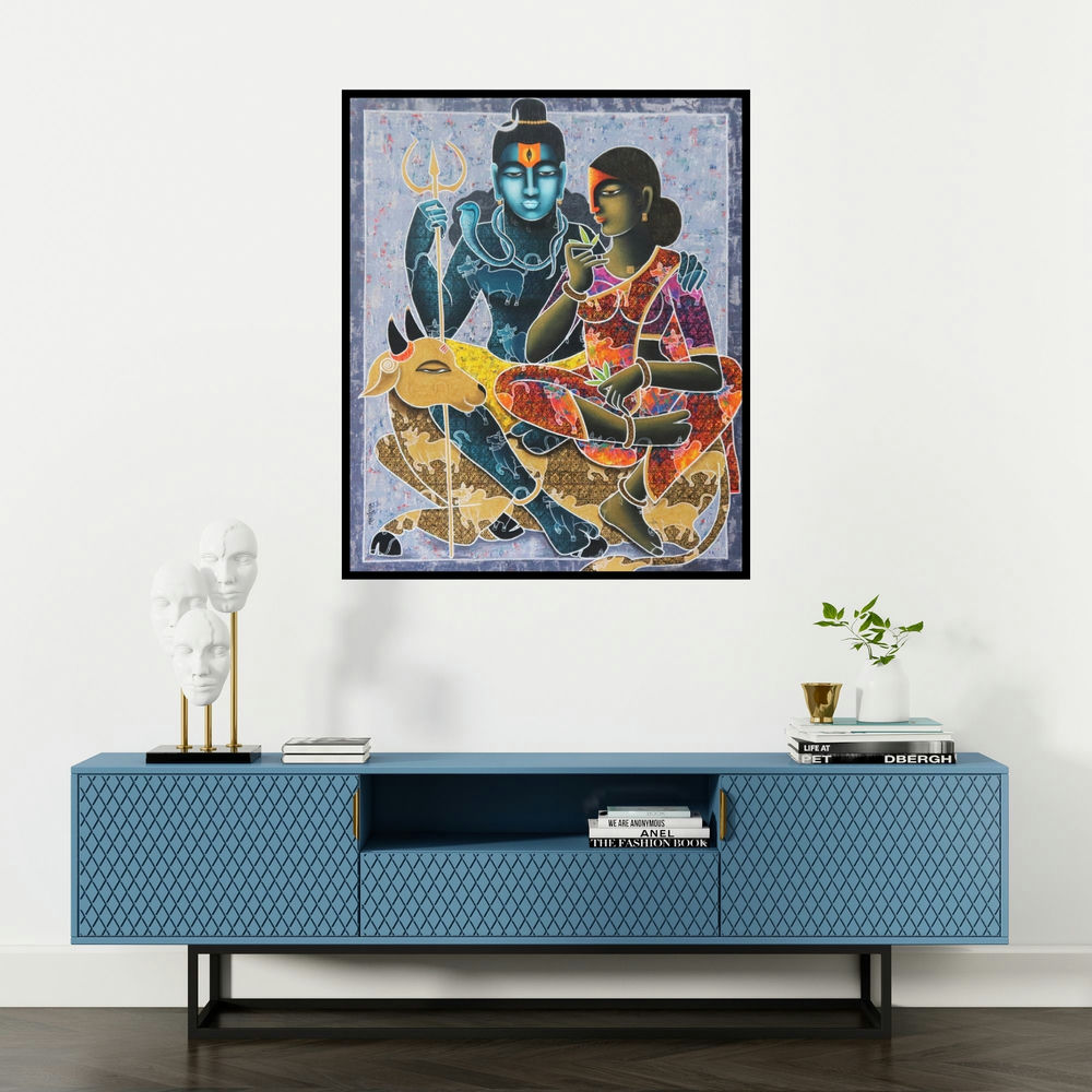 Pratiksha Bothe's 'Divine Love (Shiva and Parvati)' painting visualized above a sofa in a contemporary room.