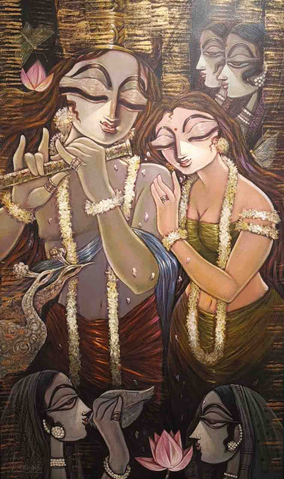 Divine Love' religious mixed-media painting by artist Subrata Ghosh, 50x30 inch, on canvas
