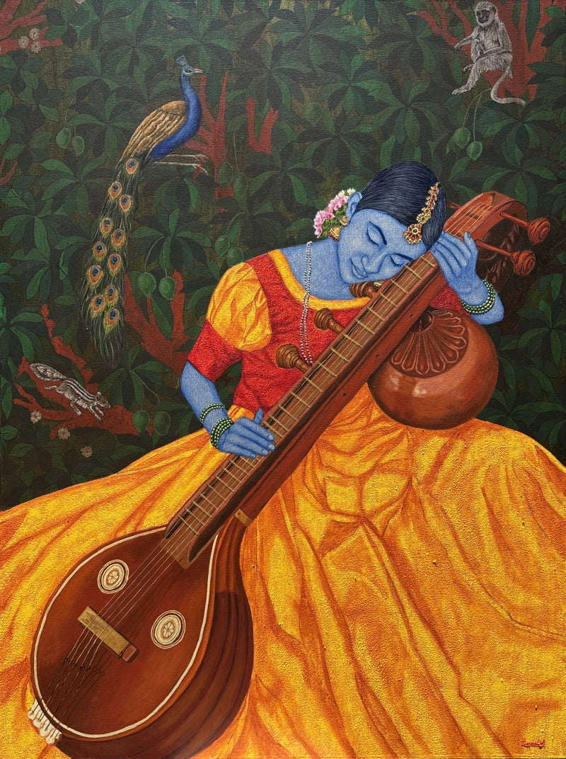 Divine Melody' figurative acrylic-oil painting by artist Deepali S, 48x36 inch, on canvas