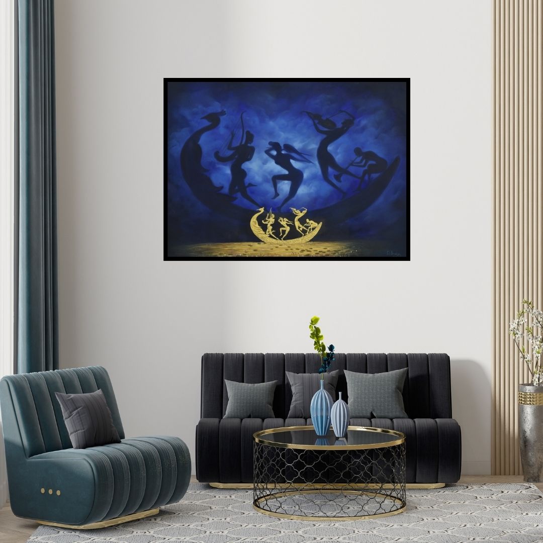 Preview of 'Divine Music (Symphony of the Cosmos)' Painting by Durshit Bhaskar shown on a wall in a furnished room.