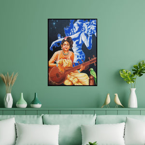 Preview of 'Divine Music' Painting by Ragunath shown on a wall in a furnished room.
