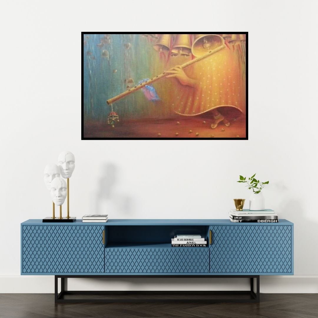 Preview of 'Divine Rhythm (Flute Player)' Painting by Rakhi Baid shown on a wall in a furnished room.