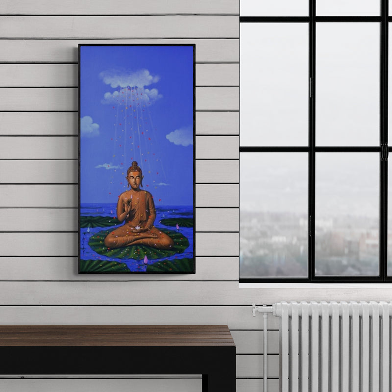 Preview of 'Divine' Painting by Sanjay M Khochare shown on a wall in a furnished room.