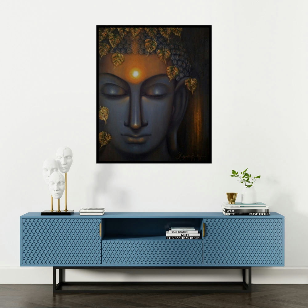 Madhumita Bhattacharya's 'Divine Soul (Whispers of Enlightenment)' painting visualized above a sofa in a contemporary room.