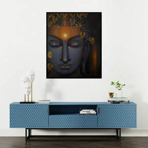 Madhumita Bhattacharya's 'Divine Soul (Whispers of Enlightenment)' painting visualized above a sofa in a contemporary room.