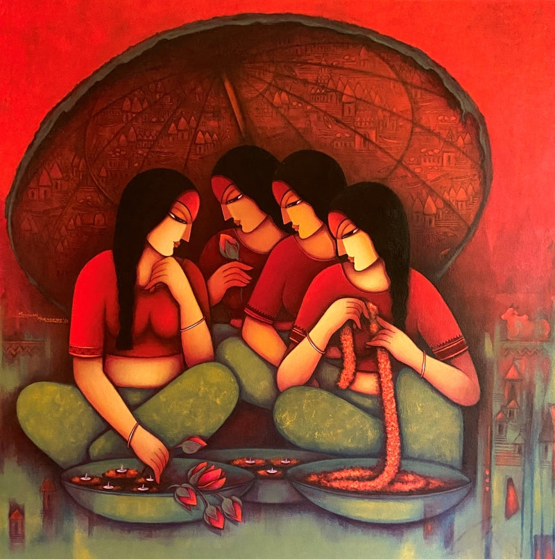 Divine Soul' figurative acrylic painting by artist Mousumi Mukherjee, 36x36 inch, on canvas