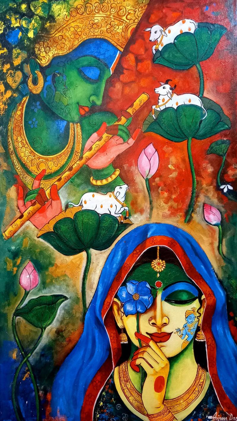 Religious acrylic painting titled 'Divine Tune', 60x33 inches, by artist Arjun Das on Canvas