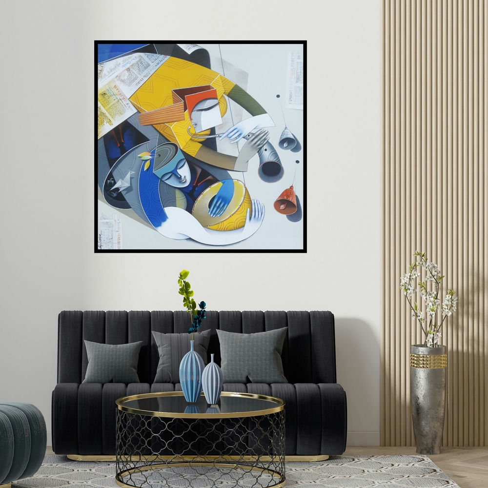 Pradip Sarkar's 'Divine Tunes 1 (Harmonious Duet**)' painting visualized above a sofa in a contemporary room.
