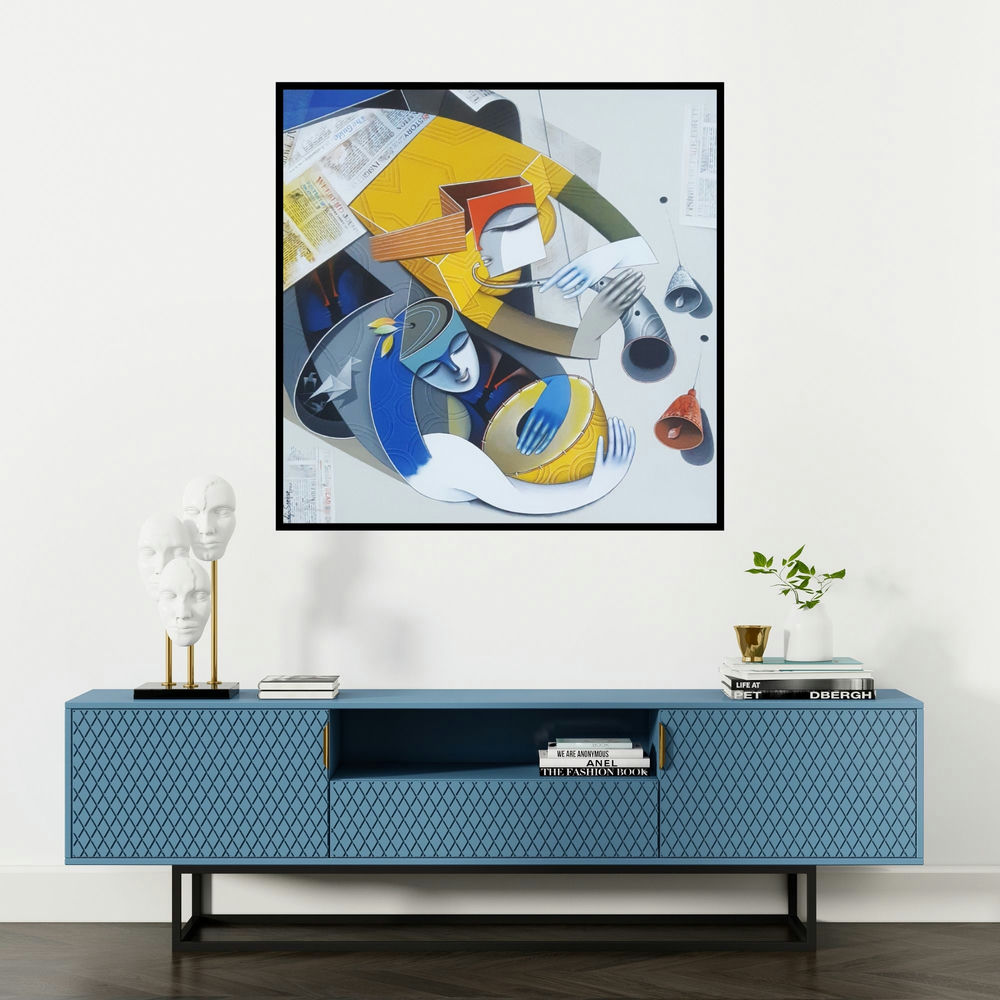 'Divine Tunes 1 (Harmonious Duet**)' painting by Pradip Sarkar shown on a wall in a furnished room.