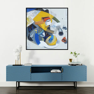 'Divine Tunes 1 (Harmonious Duet**)' painting by Pradip Sarkar shown on a wall in a furnished room.