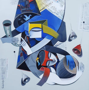 Figurative acrylic painting titled 'Divine Tunes 2', 36x36 inches, by artist Pradip Sarkar on Canvas