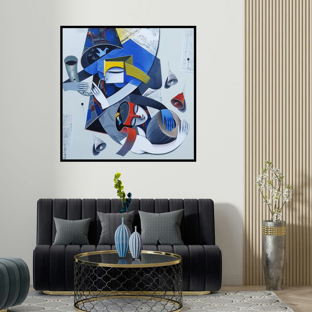 Pradip Sarkar's 'Divine Tunes 2 (Celestial Harmony**)' painting visualized above a sofa in a contemporary room.