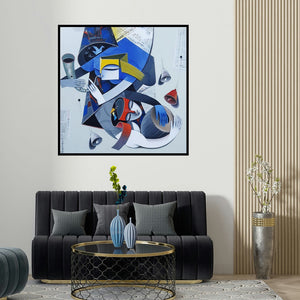 Pradip Sarkar's 'Divine Tunes 2 (Celestial Harmony**)' painting visualized above a sofa in a contemporary room.