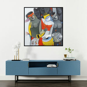 'Divine Tunes 3 (Harmonious Ensemble**)' painting by Pradip Sarkar shown on a wall in a furnished room.